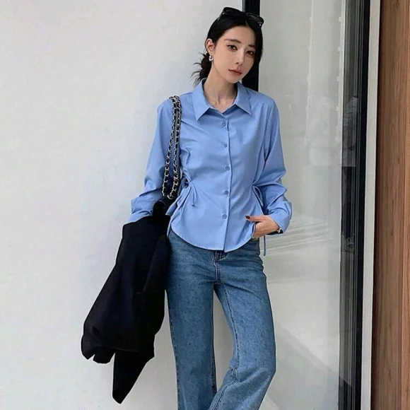 Solid Color Business Casual V-Neck Long Sleeve Cinched Waist Women Blouse - Picture 4 of 4